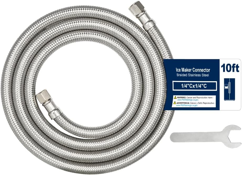 Ice Maker Water Line Stainless Steel Braided – Flexible Refrigerator Water Supply Tube with 1/4" Quick Connect Fitting, Universal Fit