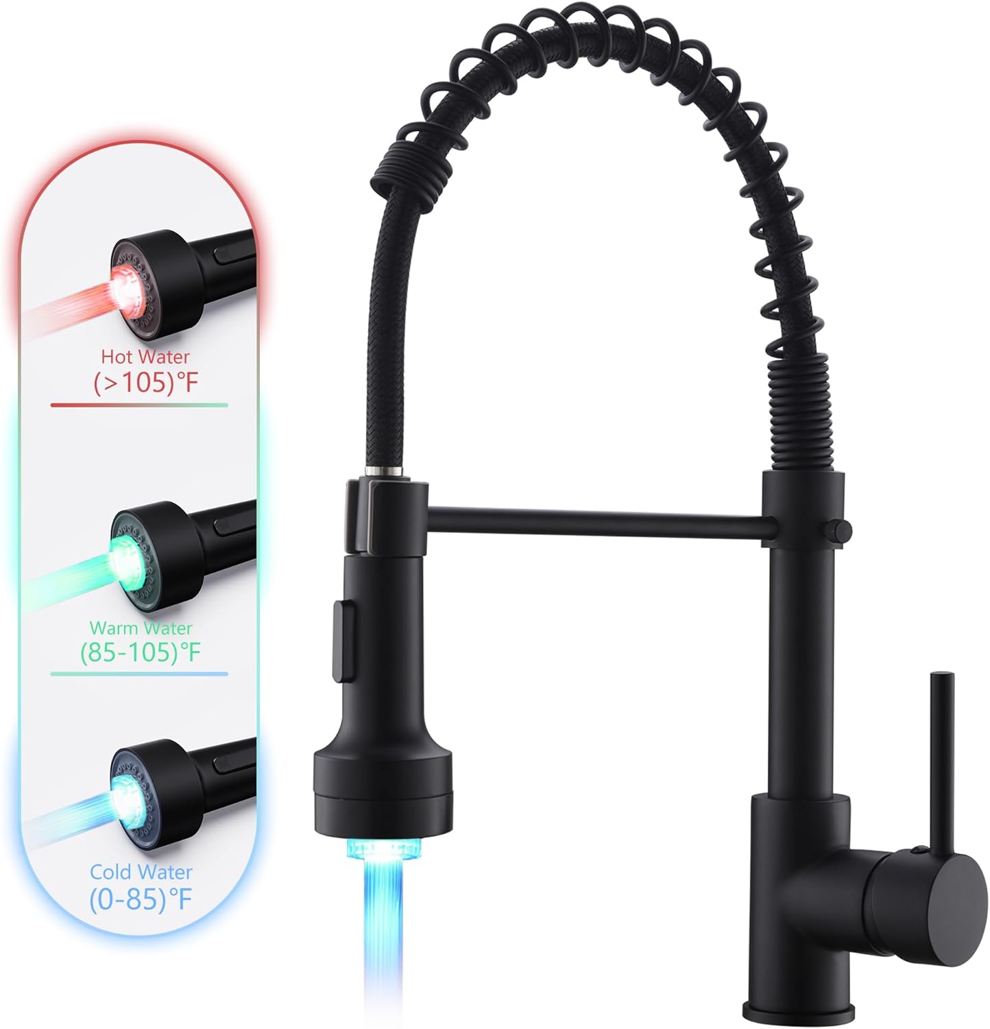 Matte Black Kitchen Faucet with LED Light,Single Hole Spring Kitchen Sink Faucet with Pull Down Sprayer