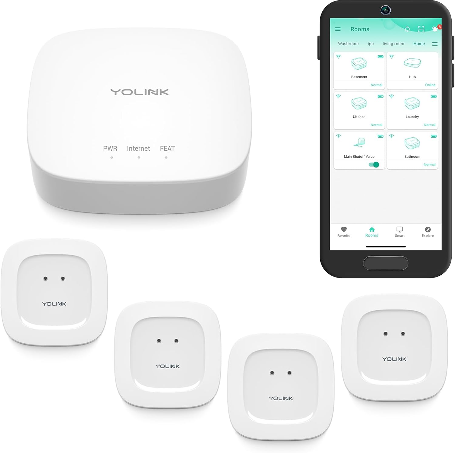 YoLink Smart Home Leak Detection Starter Kit – Hub + 4 Water Leak Sensors (0 dB), LoRa Long-Range, Alexa & IFTTT Compatible