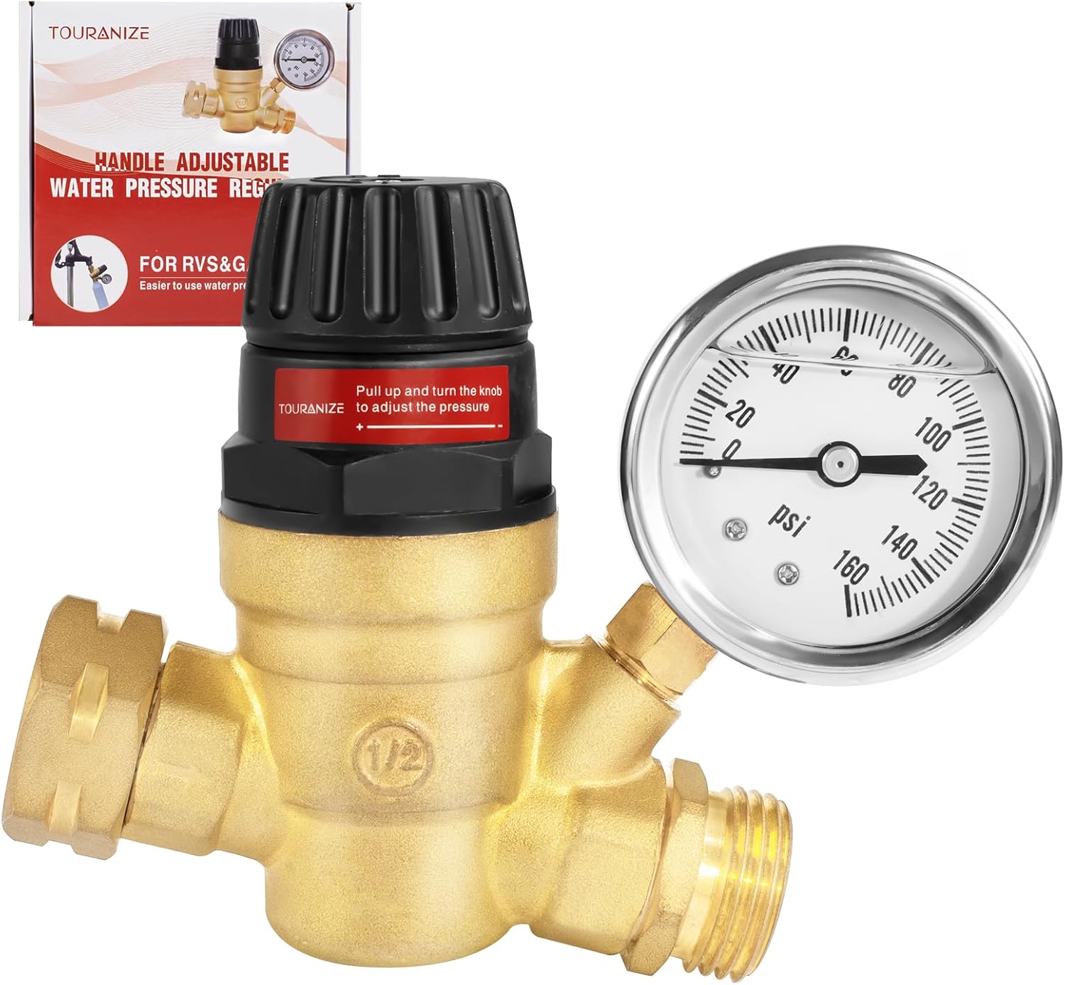 Handle Adjustable RV Water Pressure Regulator Valve, Upgraded Brass Lead-Free RV Water Pressure Reducer with Gauge, 3/4” NH Thread