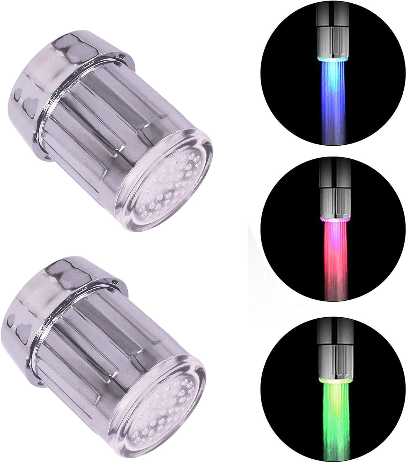 2Pcs 3-Color Temperature Sensitive Gradient LED Water Faucet Light Water Stream Color Changing Faucet Tap Sink Faucet for Kitchen and Bathroom