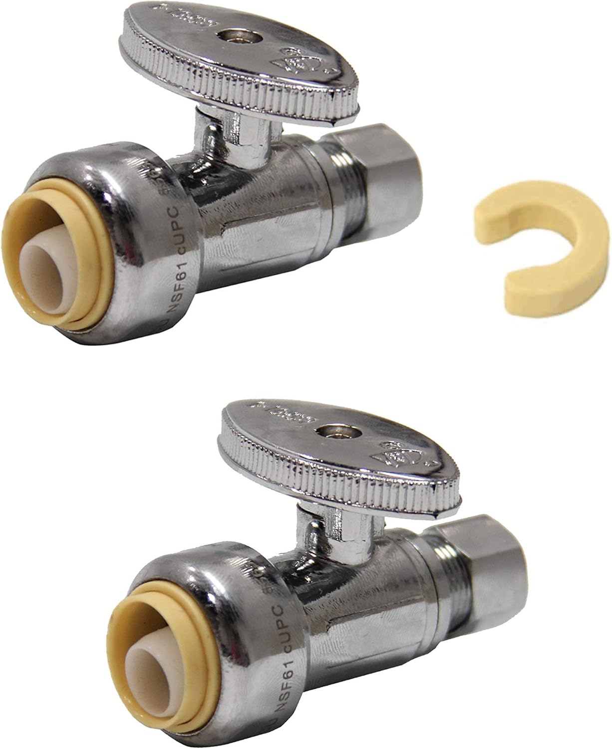 (Pack of 2) EFIELD Push Fit 1/4 Turn Straight Stop Valve Water Shut Off 1/2 Push x 3/8 Inch Compression Chrome with a Disconnect Clip