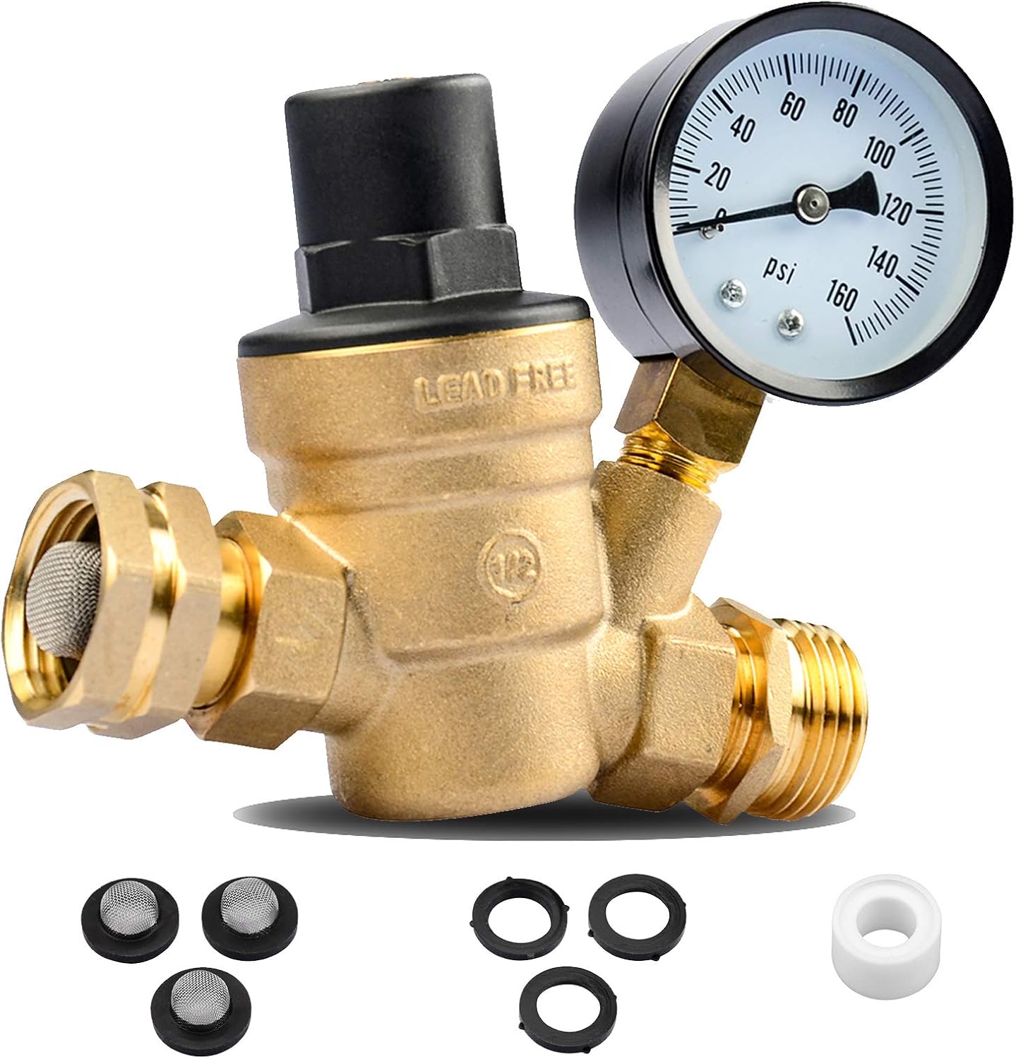 Water Pressure Regulator, Brass Lead-Free Water Pressure Reducer Kit, Adjustable Valve with Inlet Screened Filter