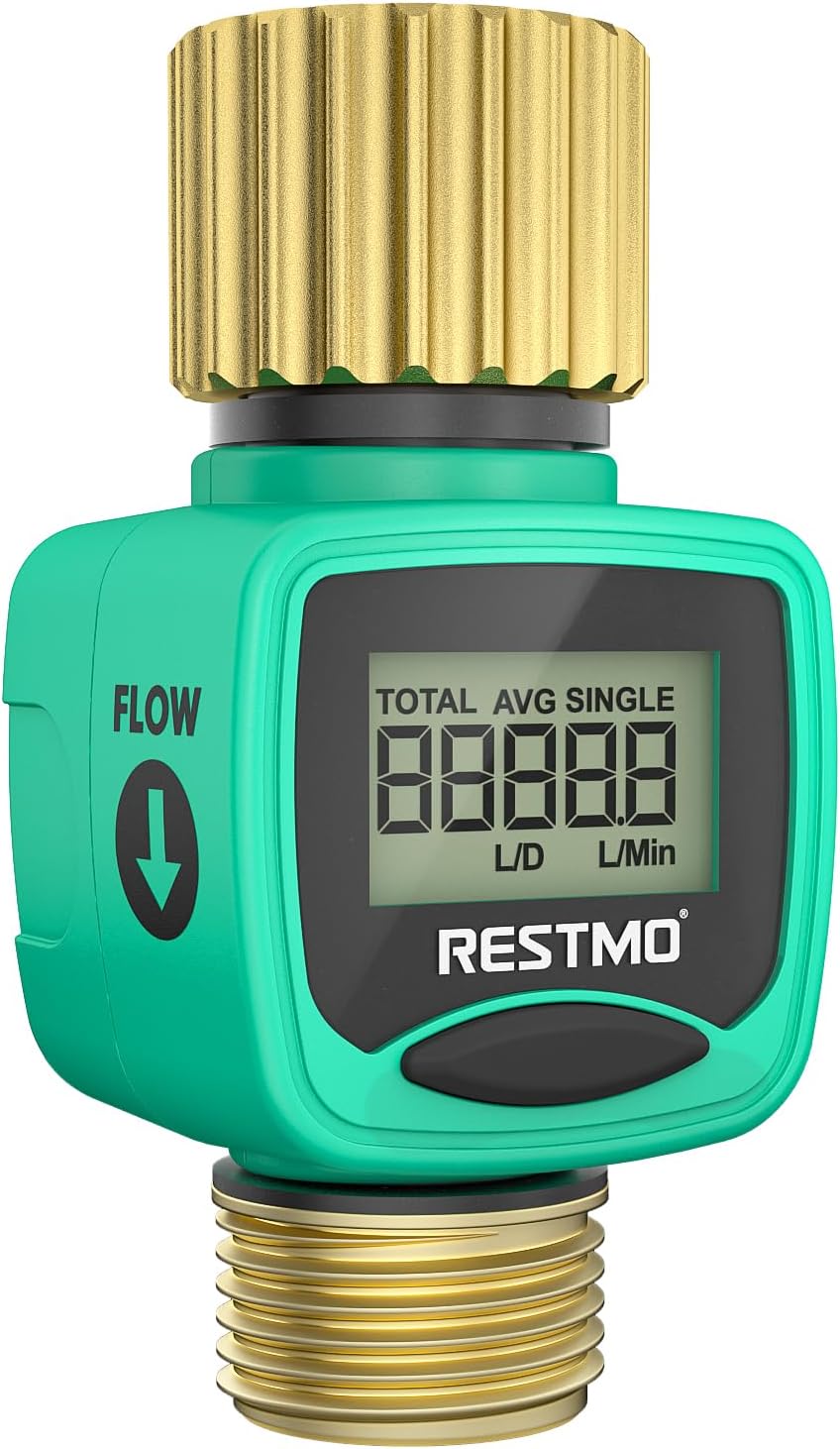 RESTMO Water Flow Meter with Brass Inlet & Outlet, Measure Gallon/Liter Consumption and Flow Rate