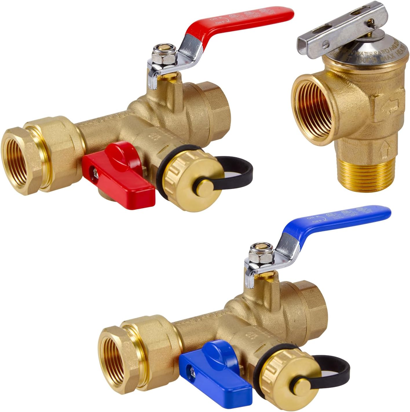ThermoMate 3/4 Inch IPS Isolator Tankless Water Heater Service Valve Kit, with Pressure Relief Valve, Clean Brass