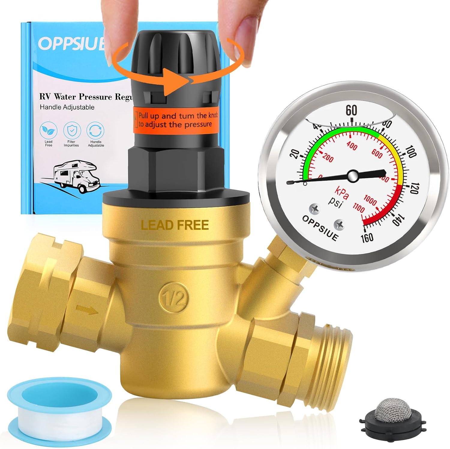 Water Pressure Regulator with Colorful Gauge, Hand Adjustable Knob,Brass Lead-Free Water Pressure Reducer with Inlet Screen Filter
