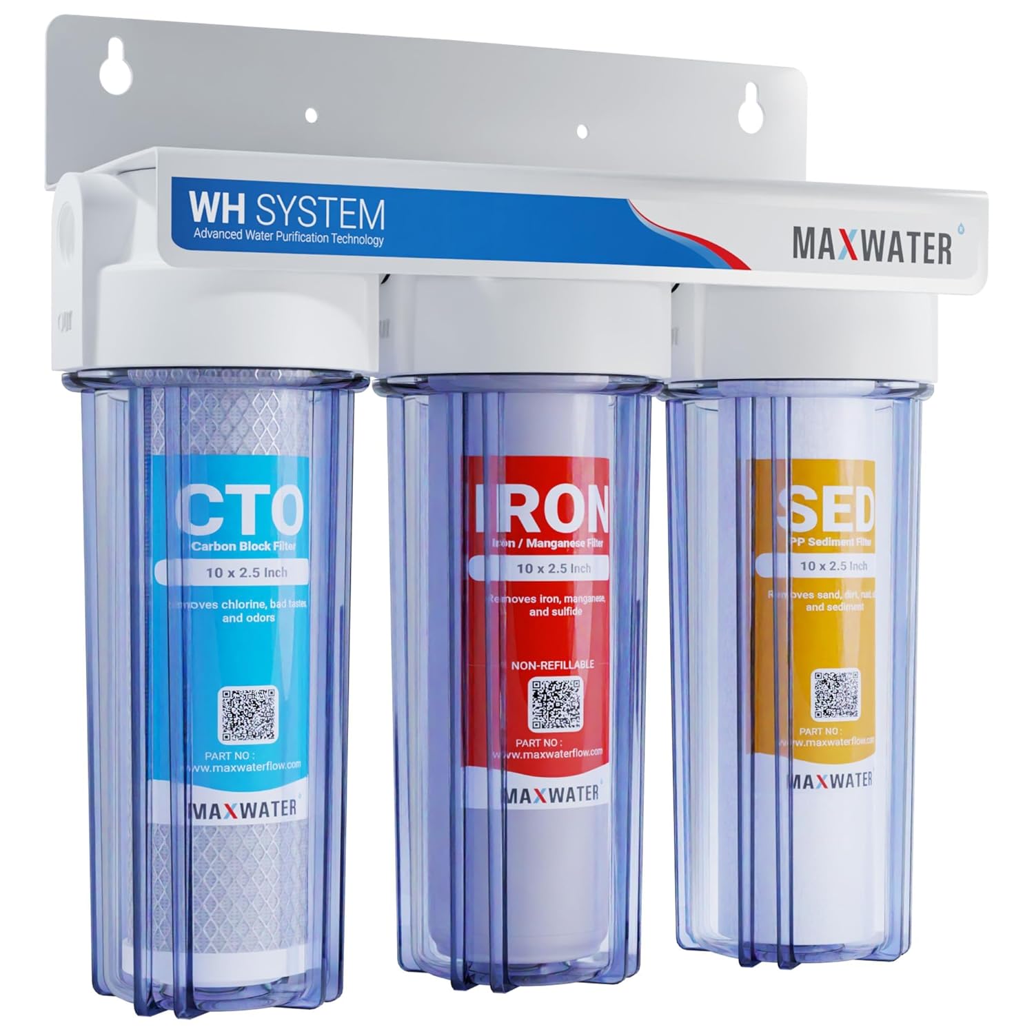 Max Water 3 Stage Whole House Water Filter System - Reduces Iron, Manganese, Sediment & Chlorine - 10 inch Standard Filtration System