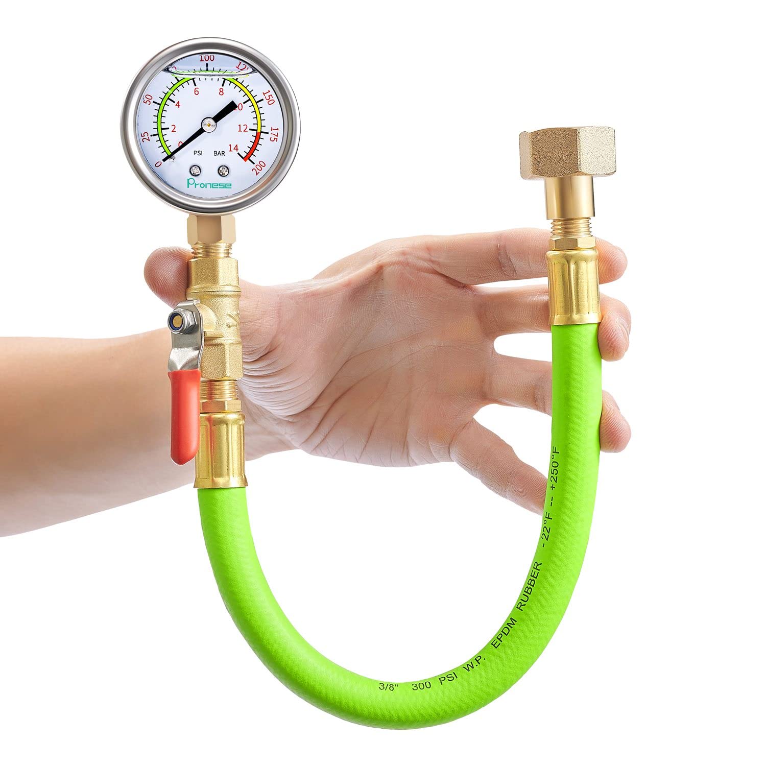 Pronese Stainless Steel Water Test Pressure Gauge Kit 2" Dial Size,Gauge+12" EPDM Rubber+1/4" LF Valve+1/4 to 3/4 Adapter