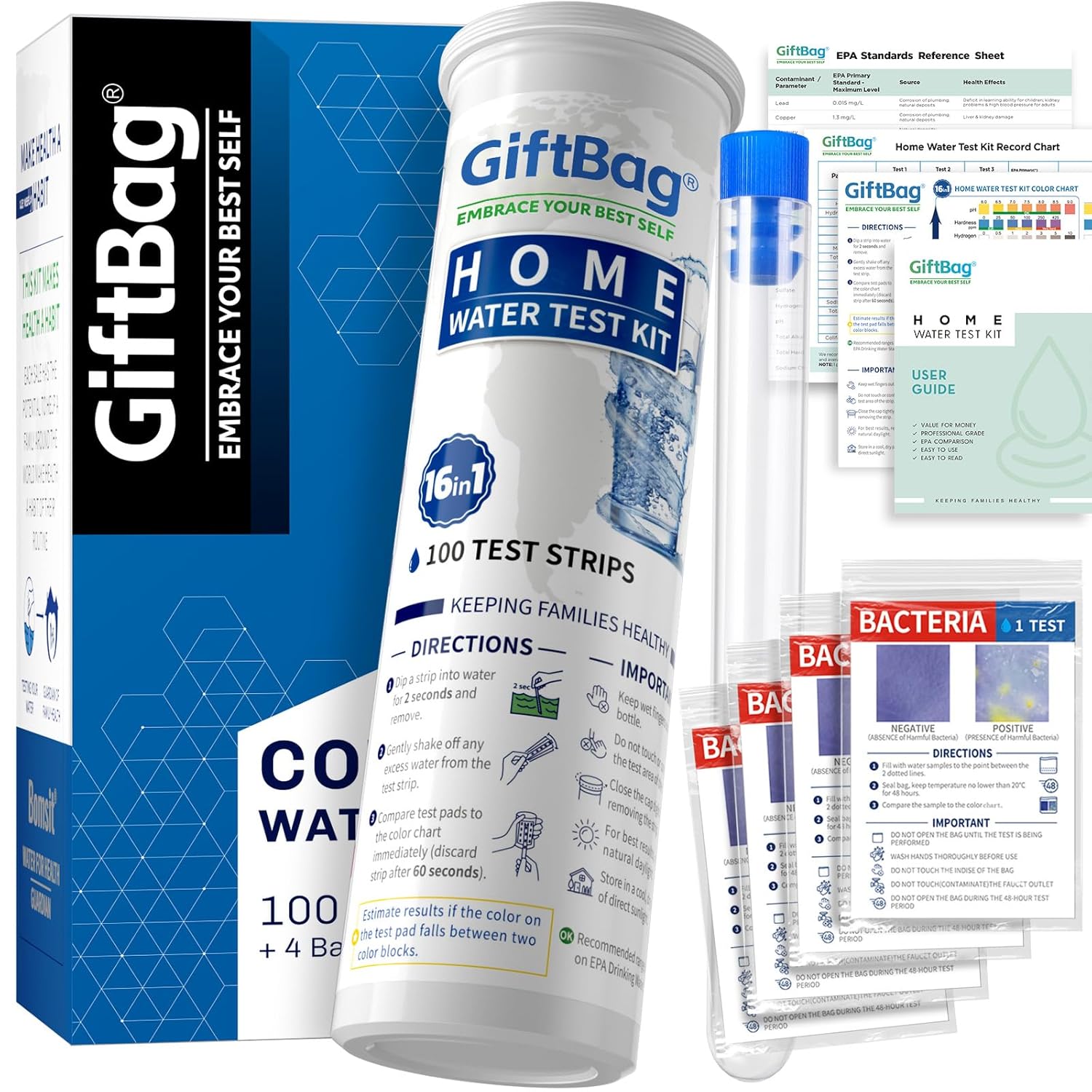 17 in 1 Complete Drinking Water Testing Kit - 100 Strips + 4 Bacteria Tests - Tap and Well Water Test Kit, Easy to Test and Read for Hardness
